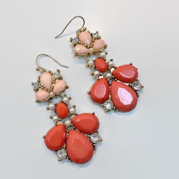 Boho Earrings, Peach, Rhinestone, Faux Pearl, Vintage, Long, 90s, Gold Tone - Picture 4 of 4